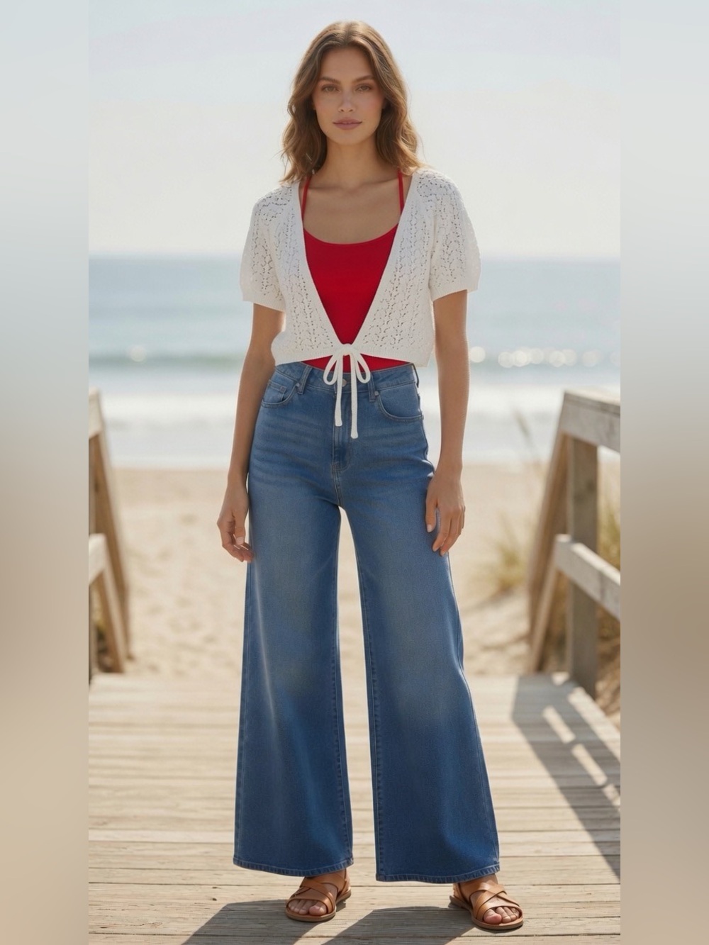 525 America White Crochet Tie-Front Crop Cardigan - Size Medium - NWT